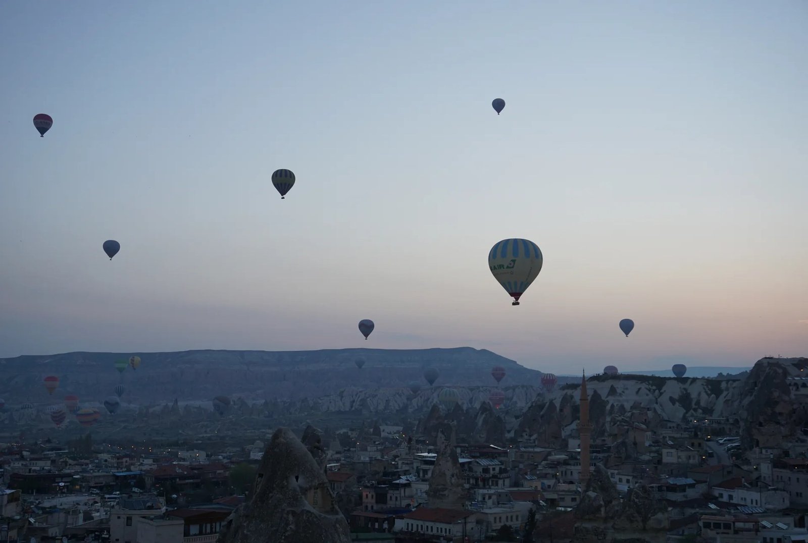 Hot air balloons above the fairy chimneys of Cappadocia